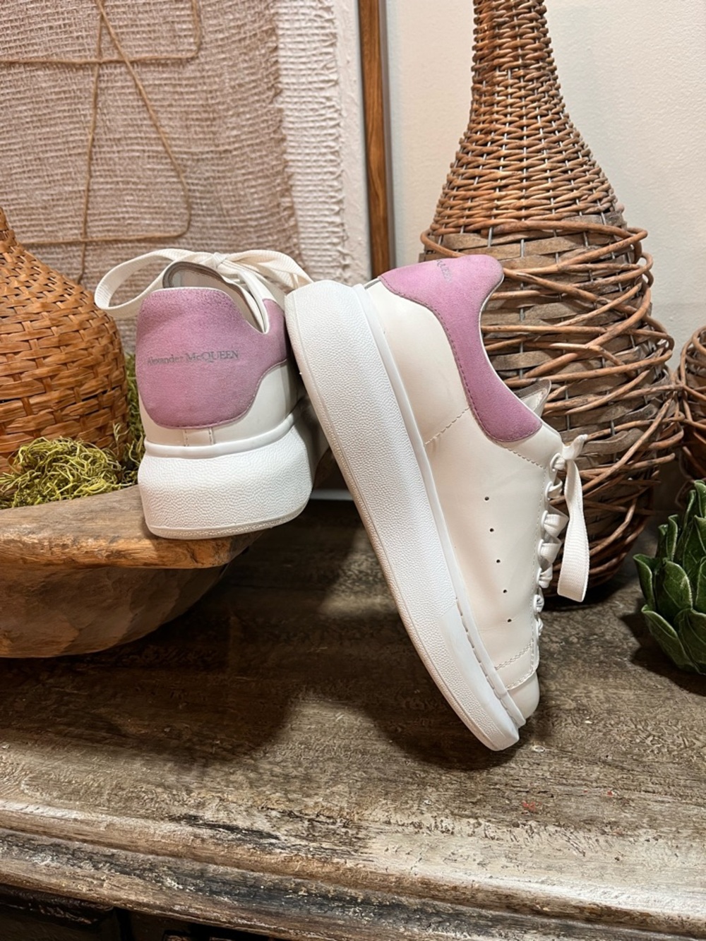 Alexander McQueen White Leather Sneakers with Pink Suede Heel